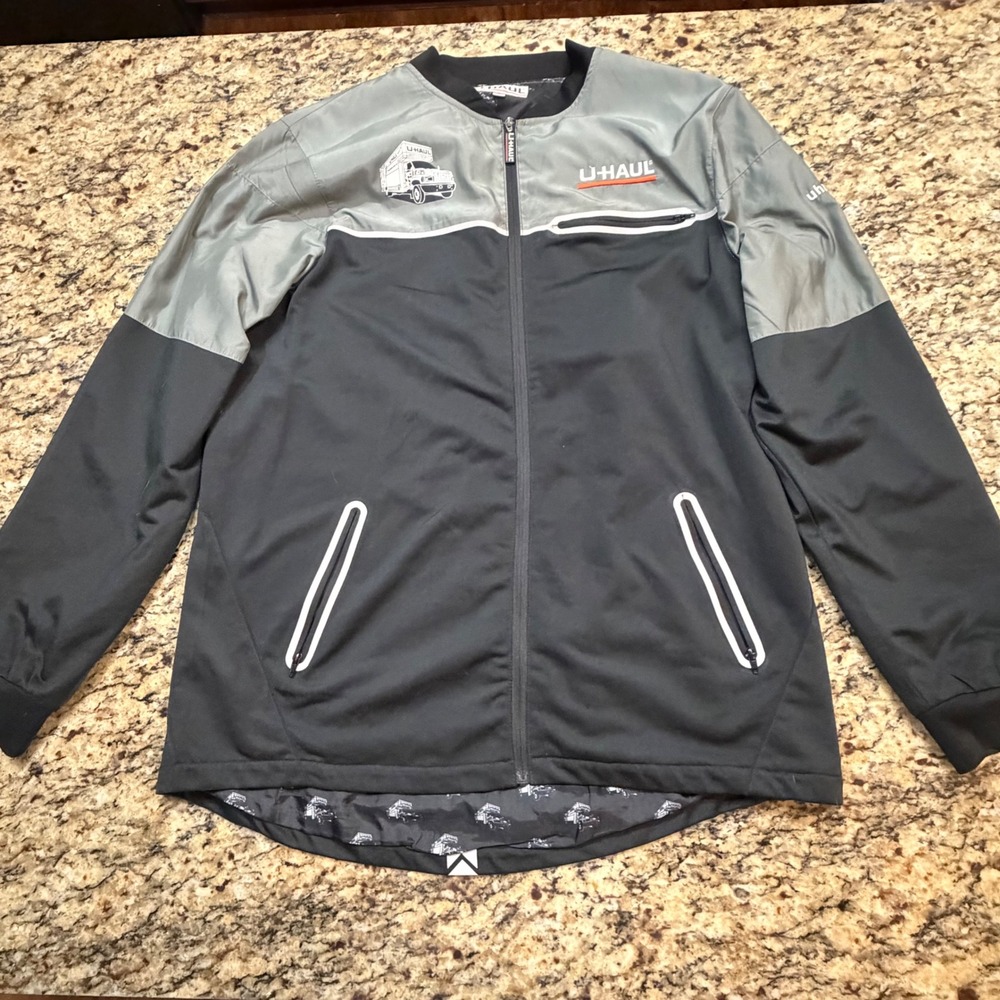 U-Haul Employee Uniform Jacket Mens Medium Black Grey Full Zip Bomber Truck Logo